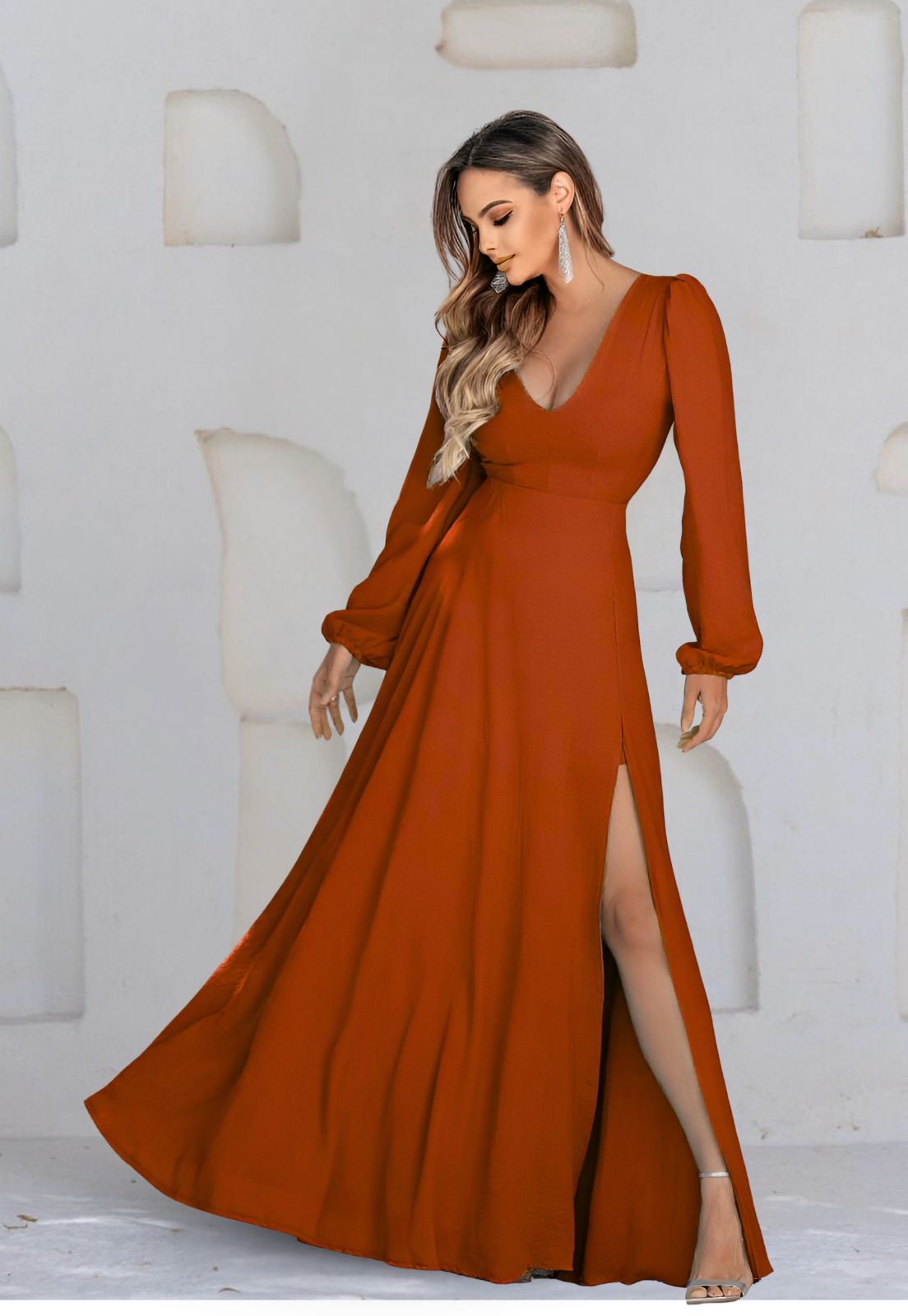 Vestido Longo Manga Longa Terracota Scarlet a partir de R$178,20