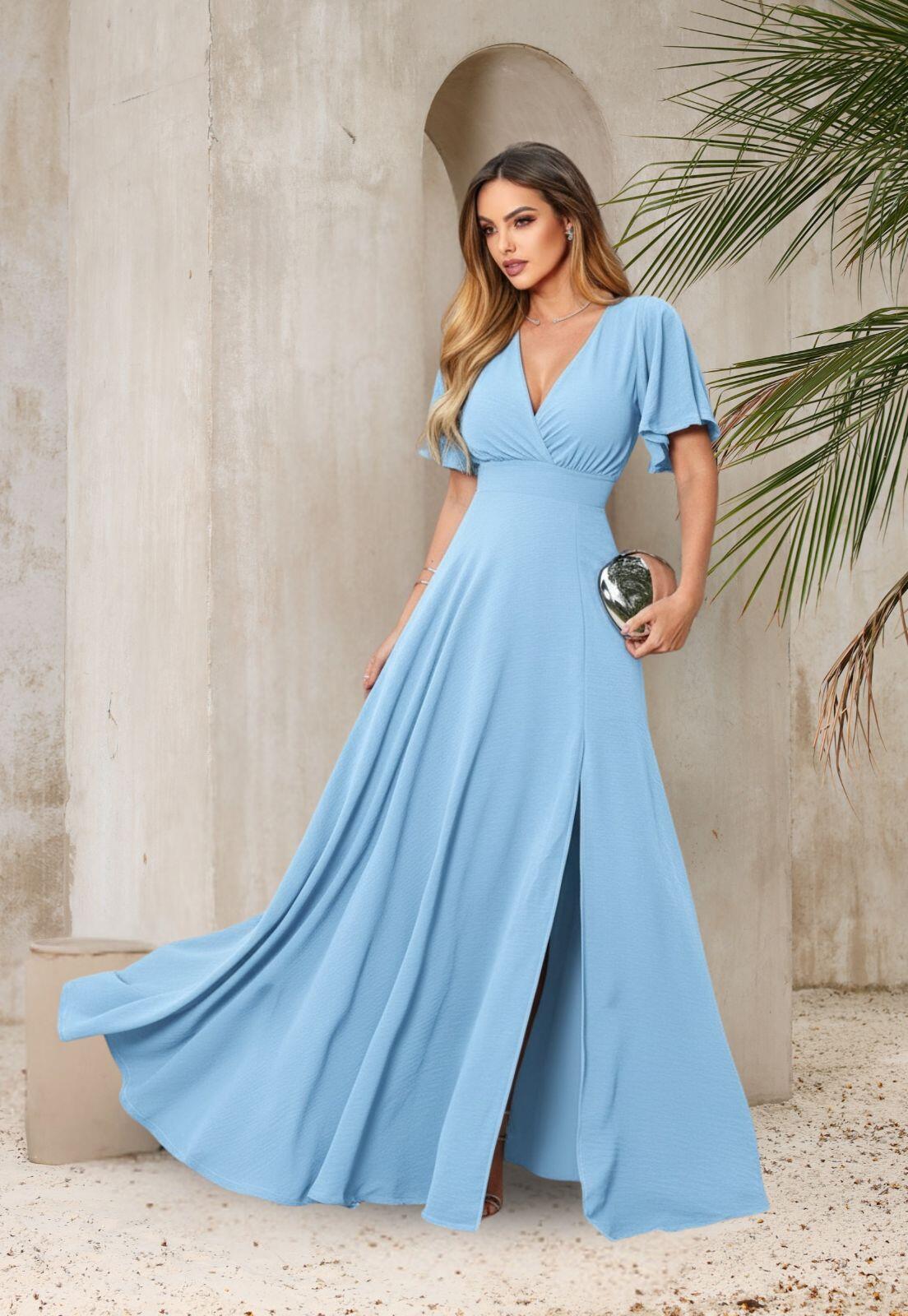 Vestido Longo Manga Curta Azul Serenity Luiza NM Nana Marie - a