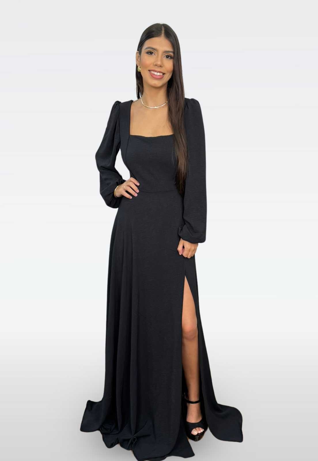 Vestido Longo Decote Quadrado Preto <p decoding=