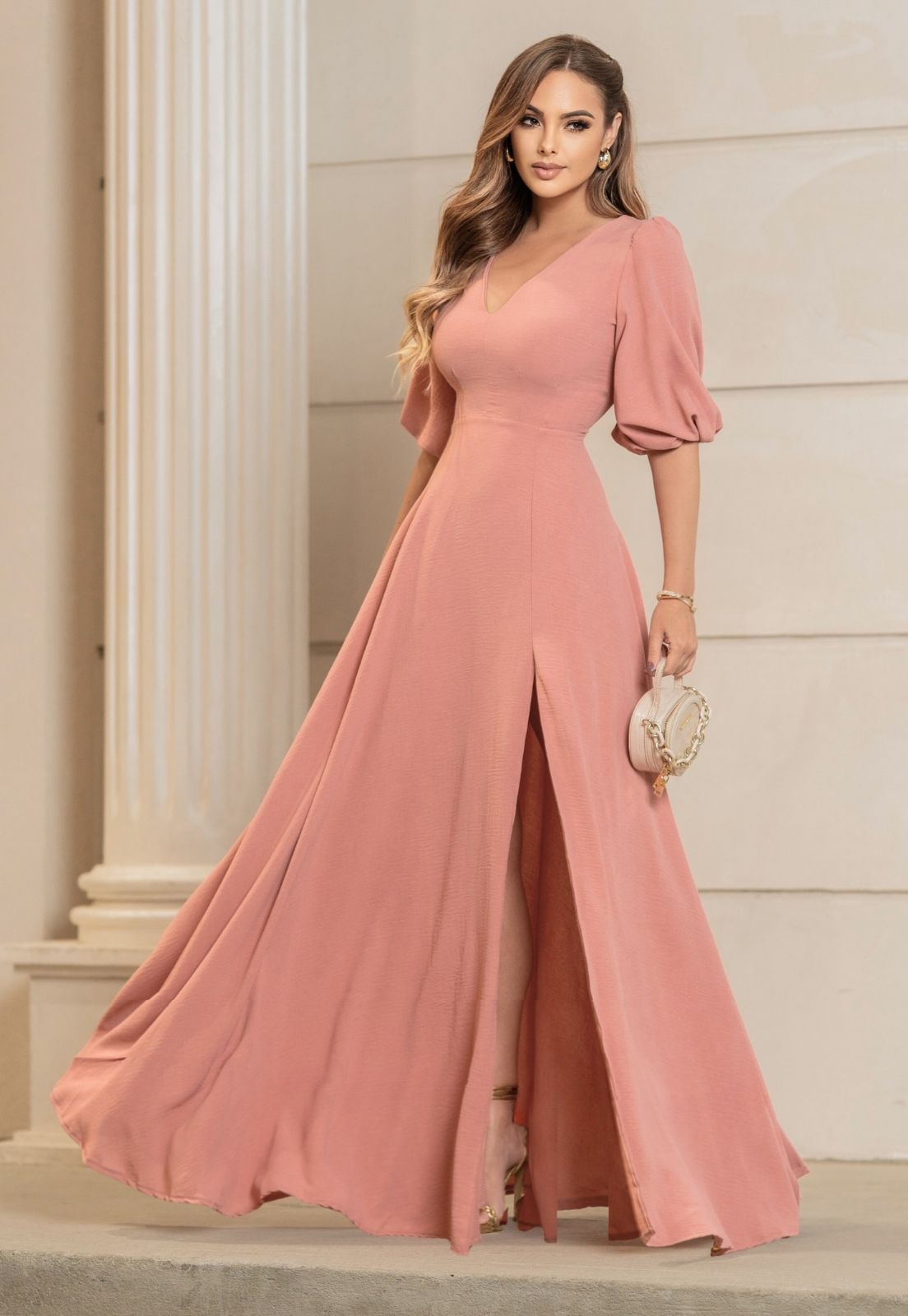 Vestido Longo Manga Bufante Vestido De Linho Gg Vestido Glória