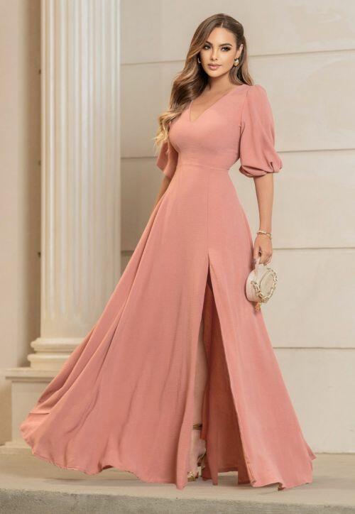 Vestido Longo Manga 7/8 Rose Beatriz A parte superior, busto e