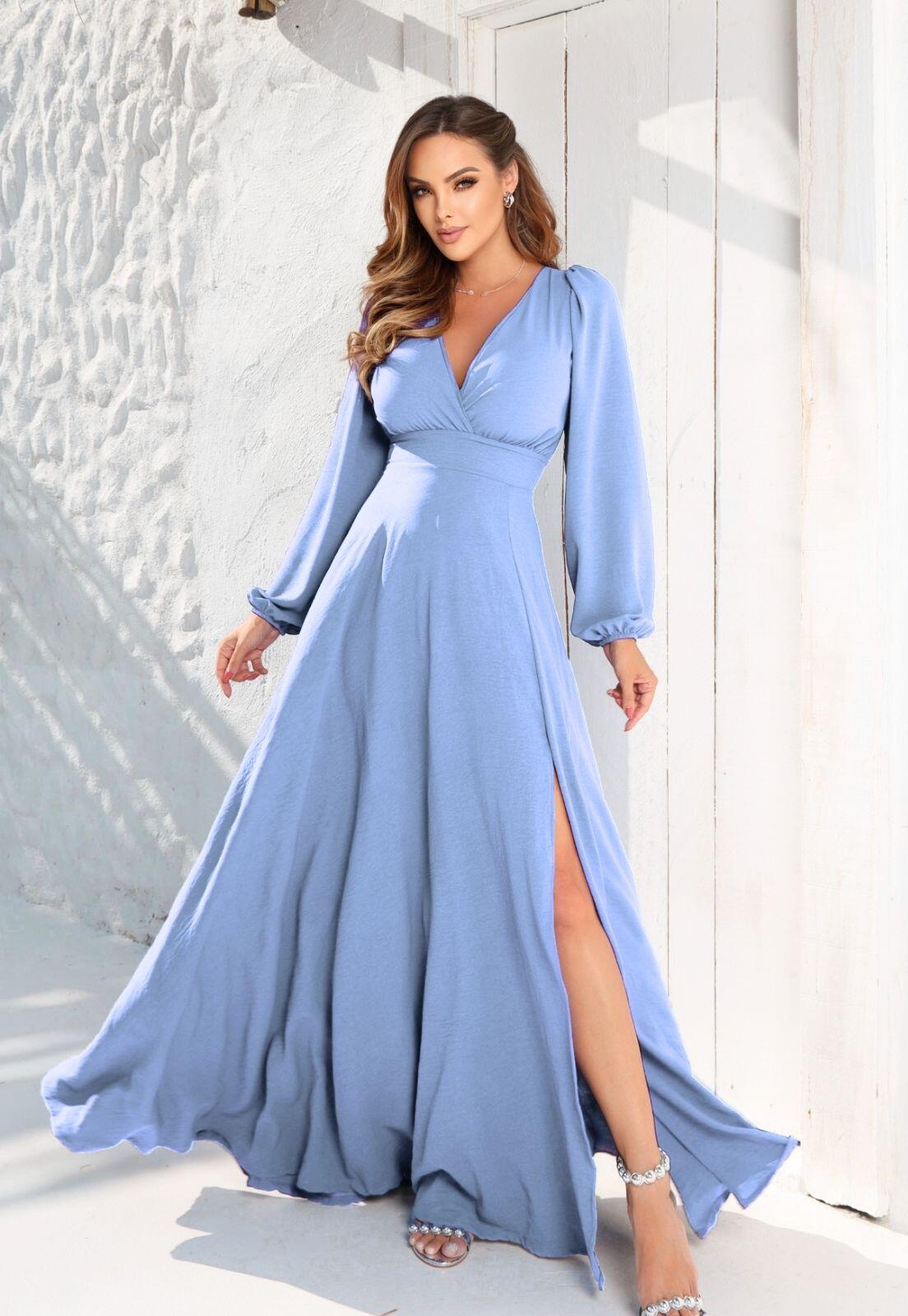 Vestido Longo Manga Longa Azul Serenity Helena NM Nana Marie - a