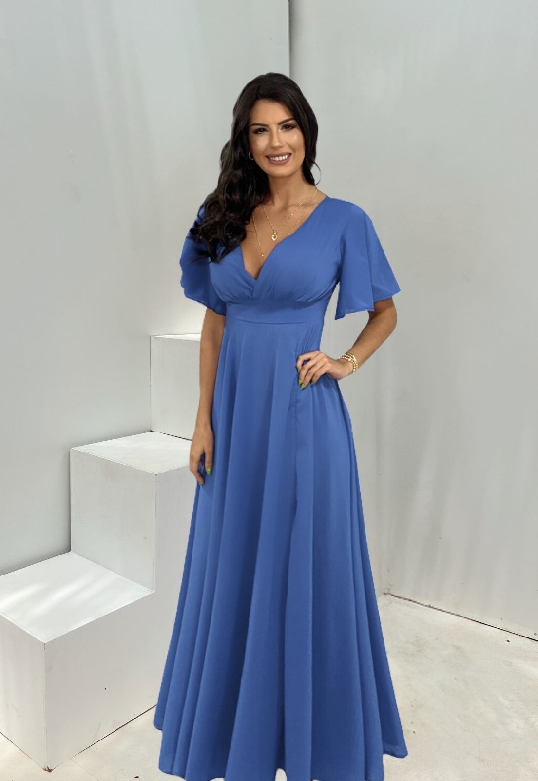 Vestido Azul Vestido Longo Casamento De Dia Vestido Longo Manga