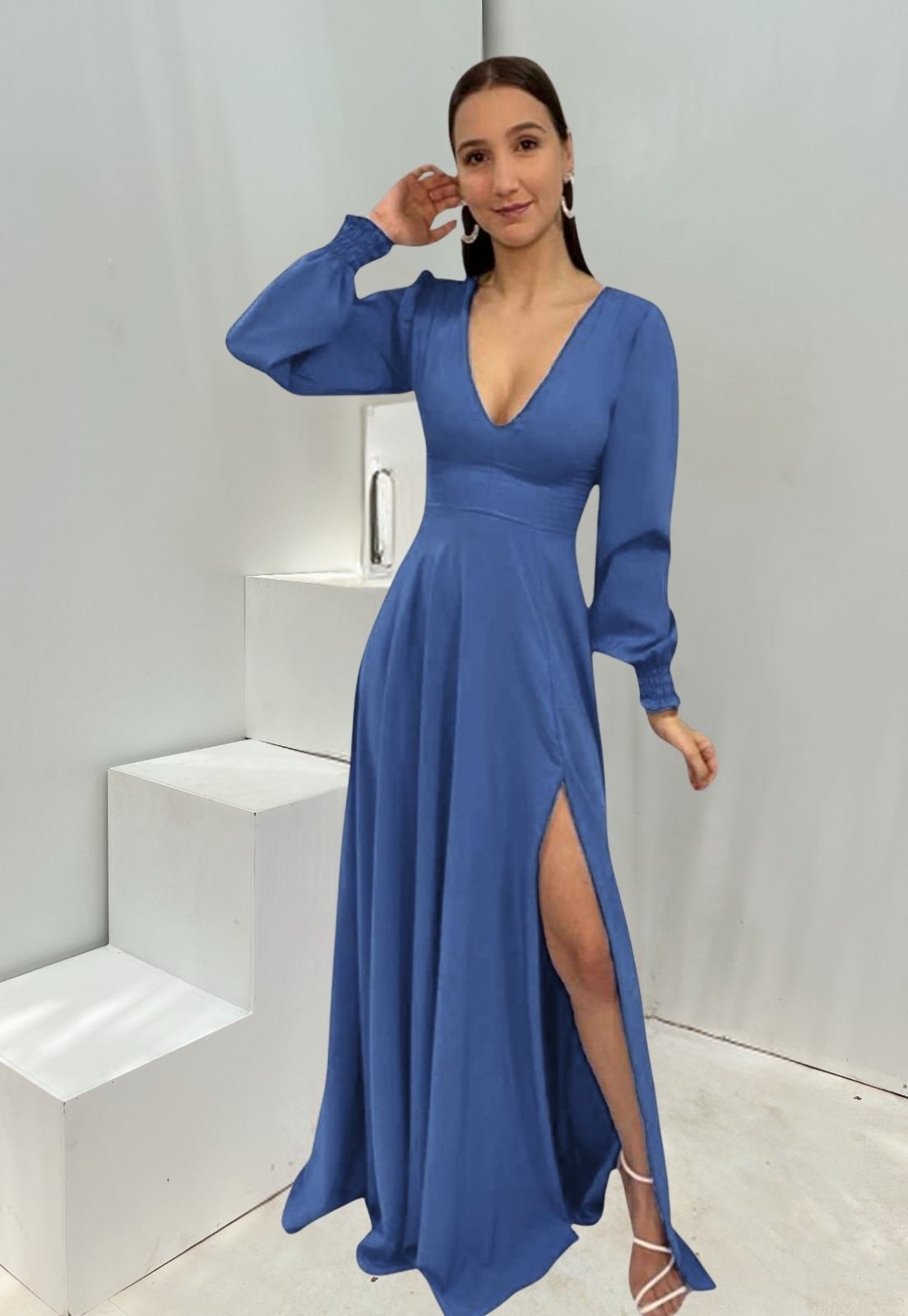 Azul Marino Vestido Azul De Mango Vestido Longo Manga Longa Azul