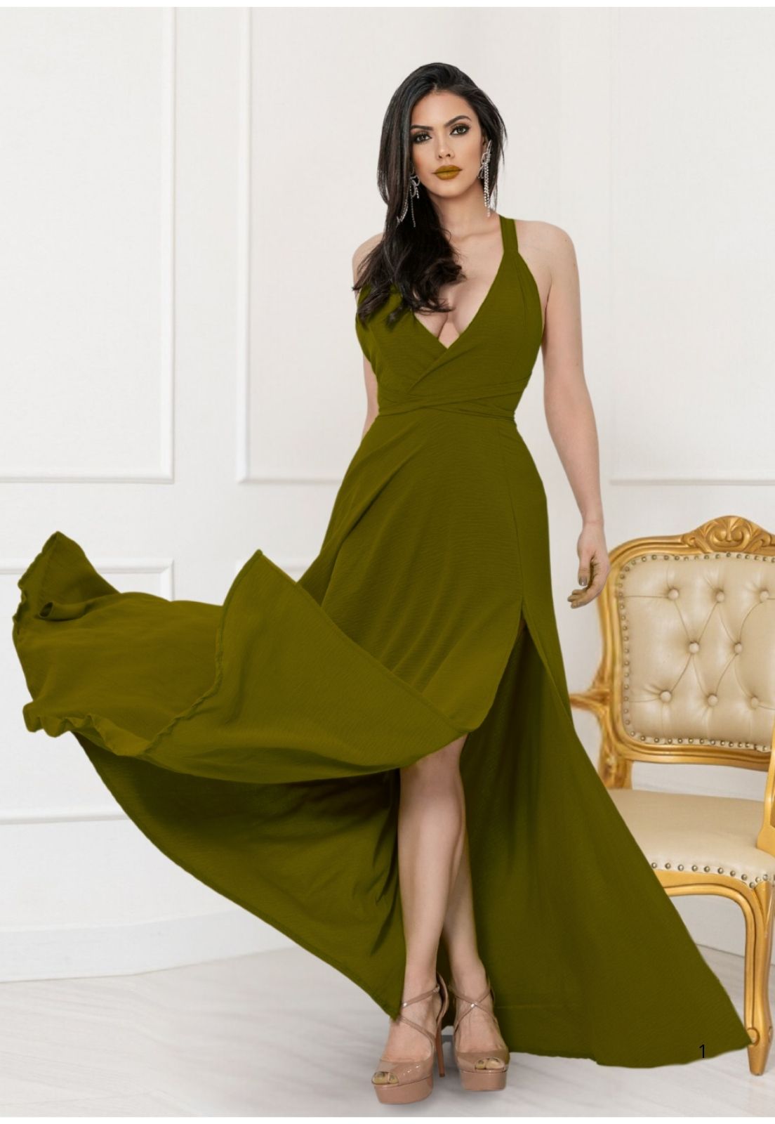 Verde Oliva Vestido Longo De Crepe Para Festa Vestido Longo Fluido