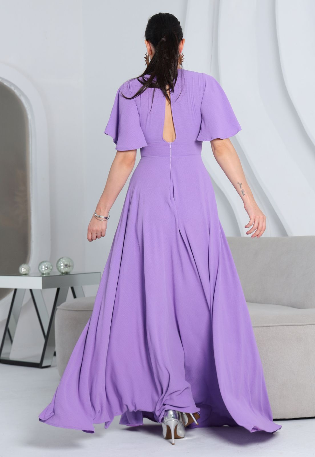 Vestido Longo Manga Curta Saia com Fenda Luiza NM Nana Marie a