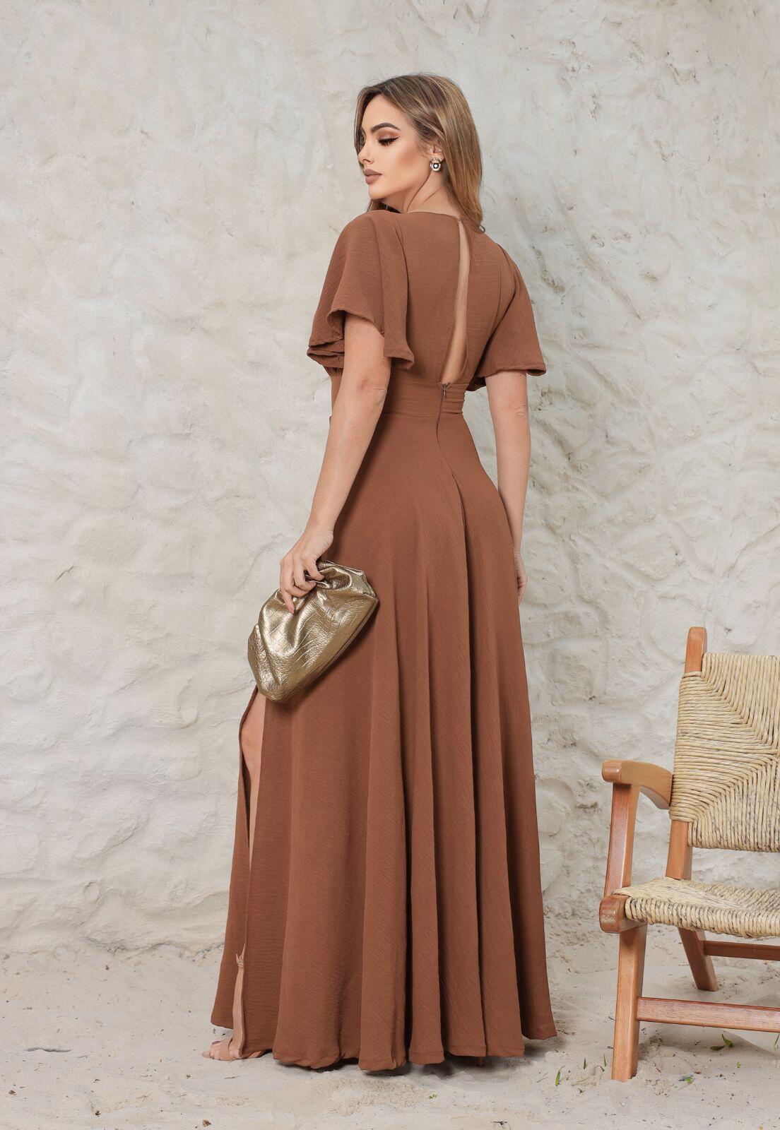 Vestido Longo Manga Curta Mocha Mousse Luiza NM Nana Marie - a