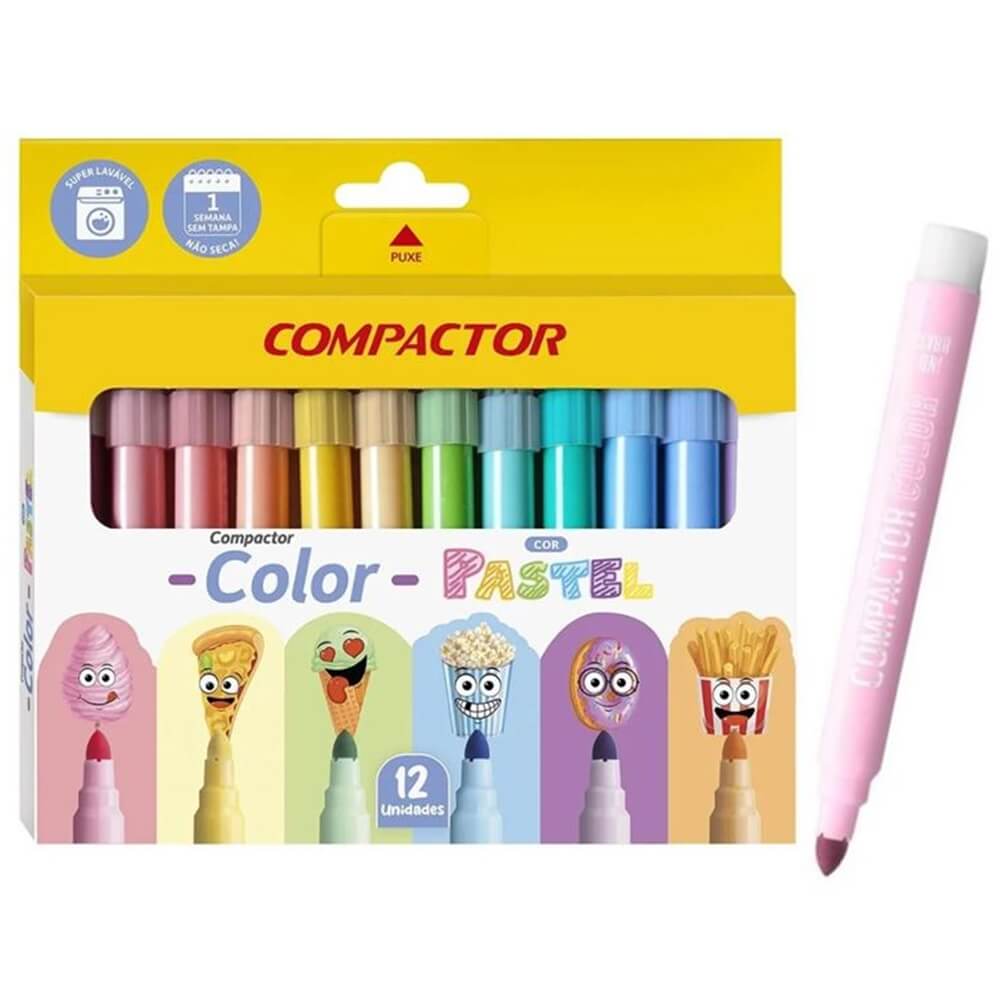 Canetinha Hidrografica Color Jumbo Pastel com 12 Cores - Compactor