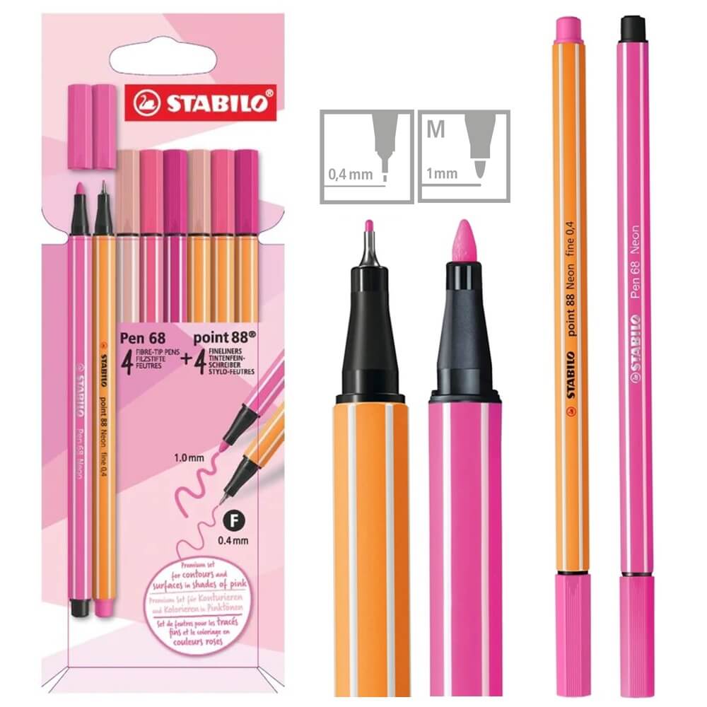 Caneta Stabilo Shades of Pink Point/ Pen D87-3576 com 8 Cores (4 Point