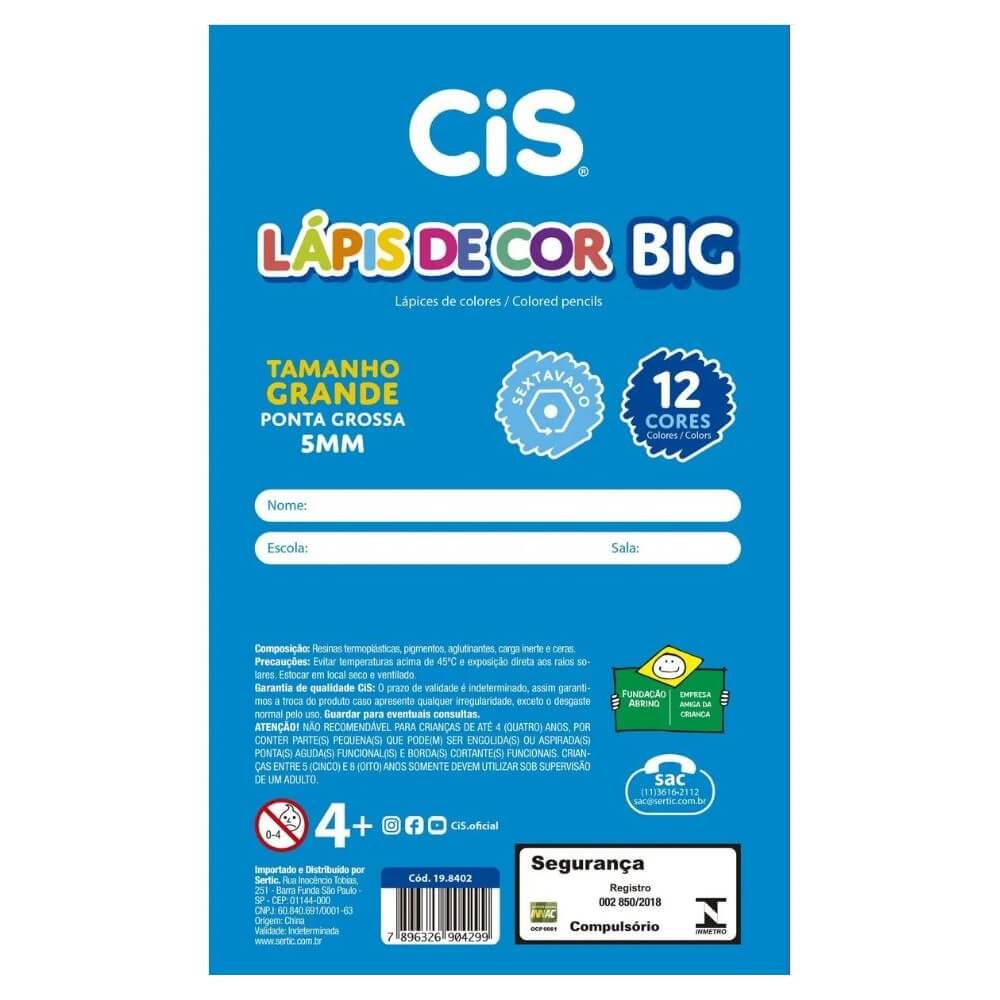 L pis De Cor Big Jumbo Com 12 Cores Apontador CIS