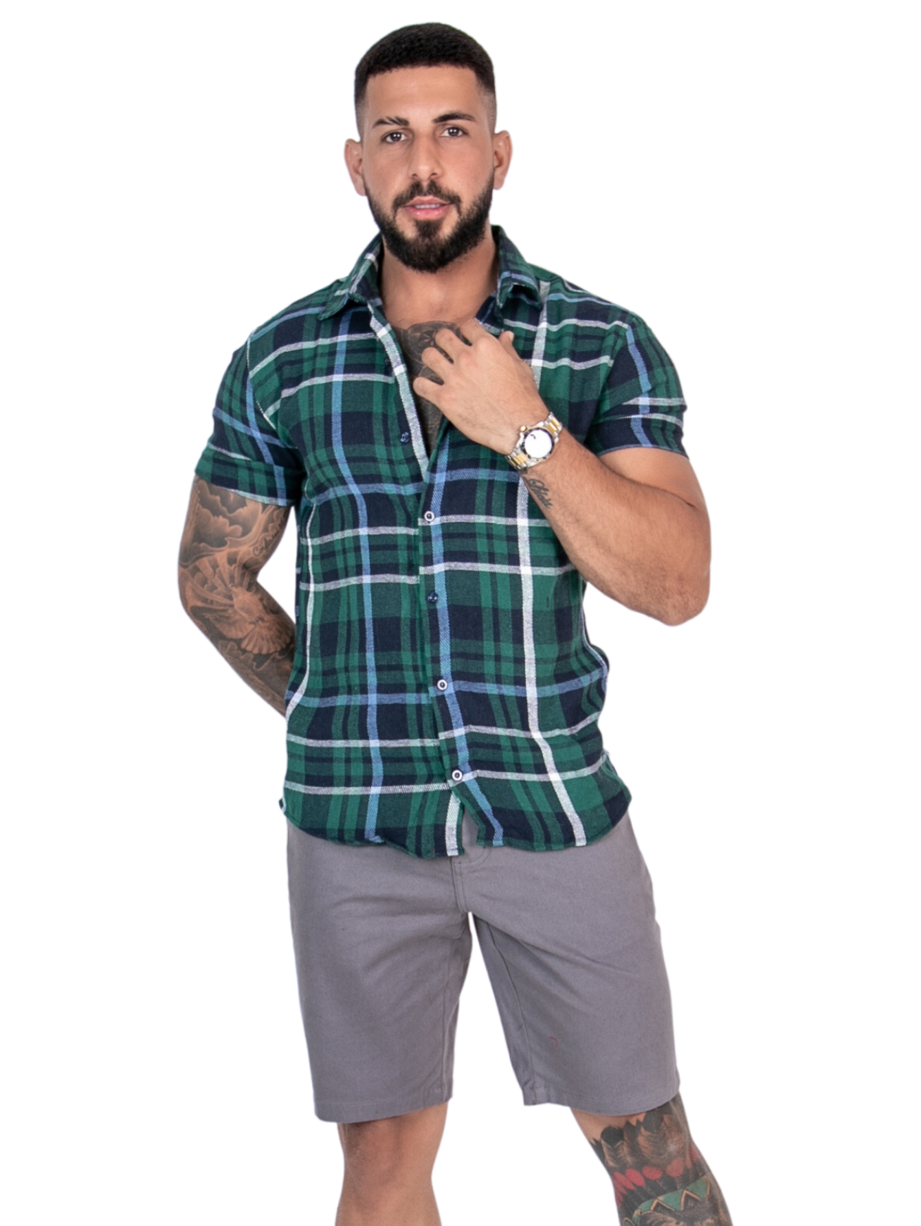 Comprar Camisa Masculina Xadrez Slim Fit Manga Curta Verde Urban