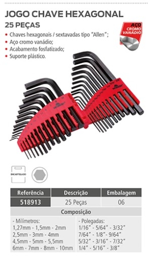 Comprar JOGO CHAVE ALLEN HEXAGONAL 1,5mm A 10mm C/ 25 PEÇAS C