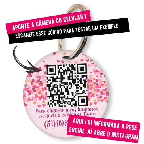 Placa de Identificao Personalizada com Telefone e QR Code - Coraes Rosas