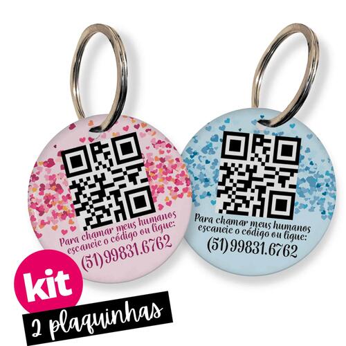 Kit 2 Placas de Identificação com QR Code e Telefone - Corações Rosas e/ou Azuis