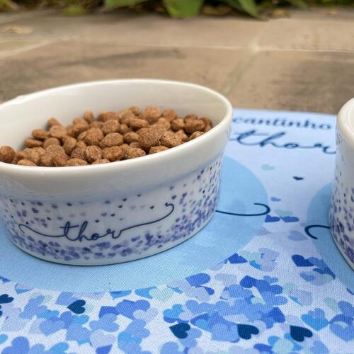 Comedouro/Bebedouro Personalizado Com o Nome do Pet - Tigela de Cerâmica para Pets - Corações Azuis
