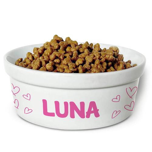 Kit Comedouro + Bebedouro Personalizados Com o Nome do Pet - Dupla de Tigelas de Cermica para Pets - Amor Rosa