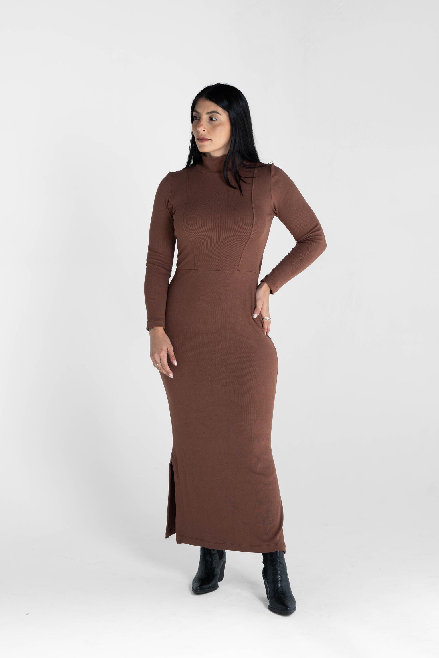 Vestido Ribana Manga Longa Marrom