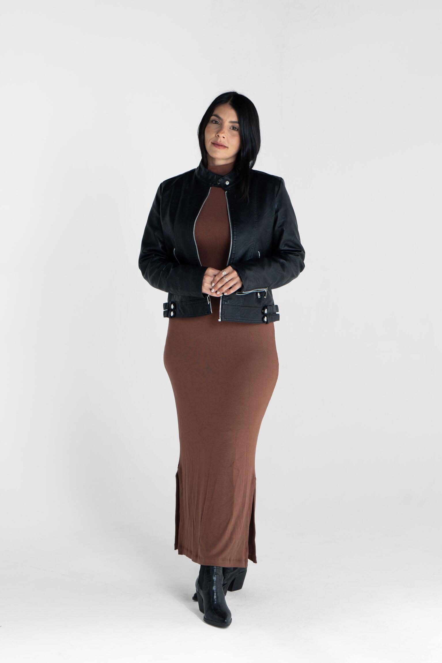 Vestido Ribana Manga Longa Marrom