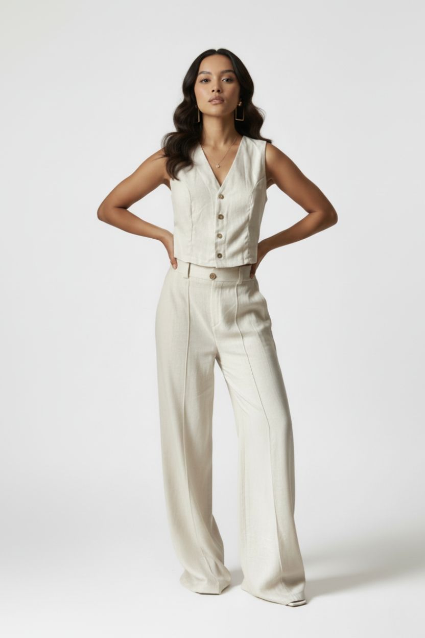 Calça Pantalona Botões Linho