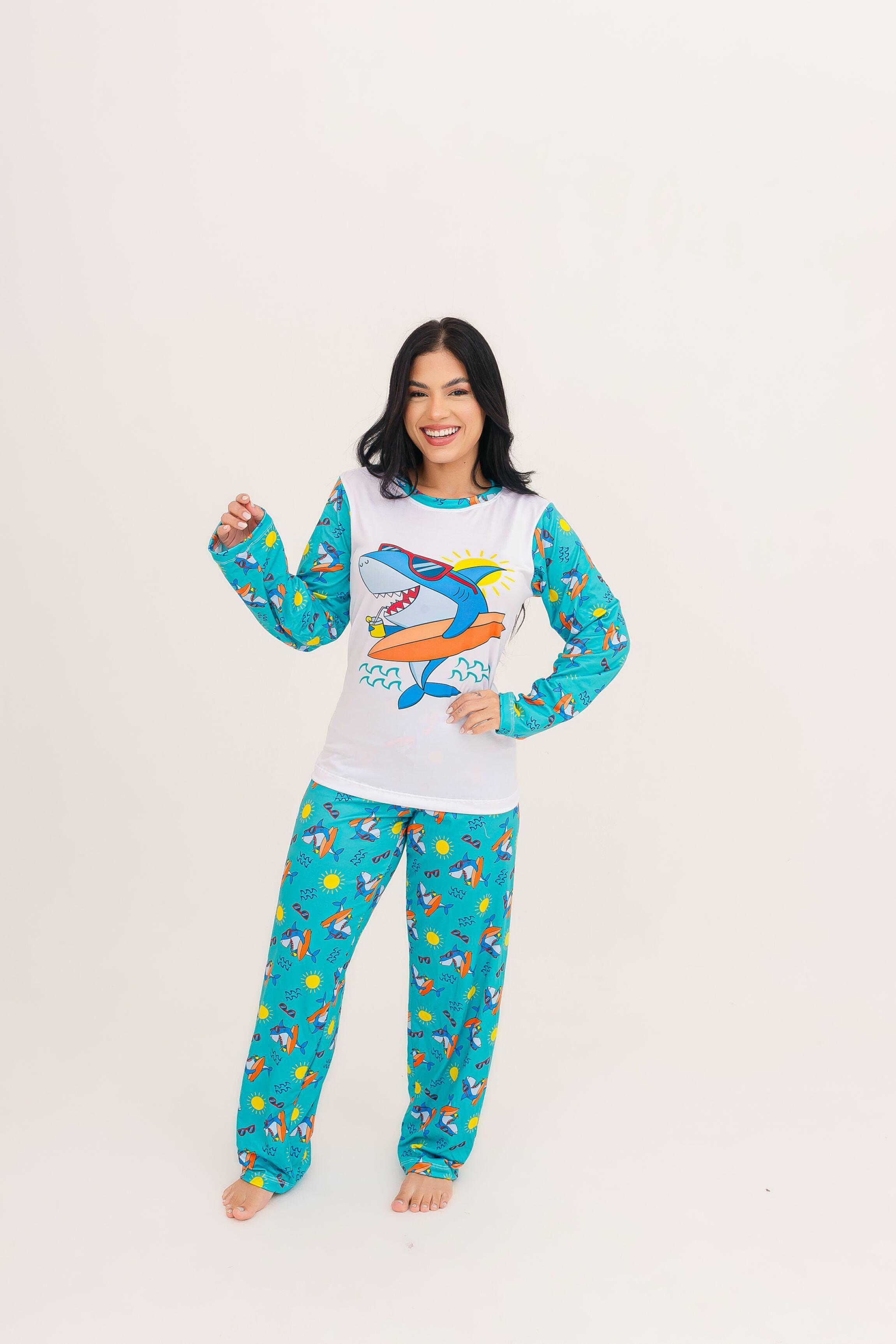 Pijama Adulto Fem. Tubarão Surfista - LONGO - R$89,90