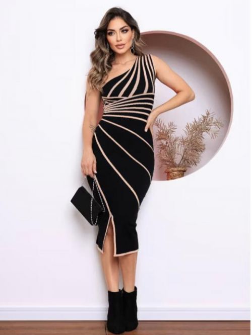 Vestido Midi Alça Única Modal com Fenda ? Sofisticado - R$89,90