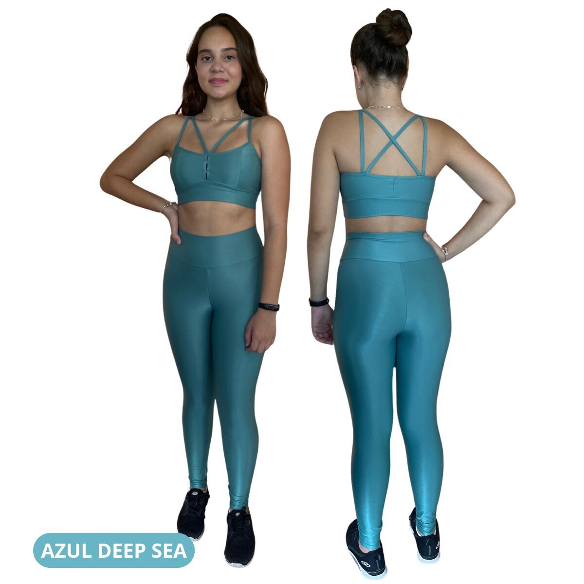 Conjunto Fitness Feminino PINKSAVIOR - Legging Alta E Top Cropped Em Azul Claro
