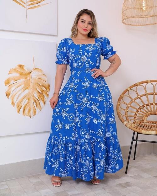 Vestido Longo Floral Plus Size em Tricoline (Azul)