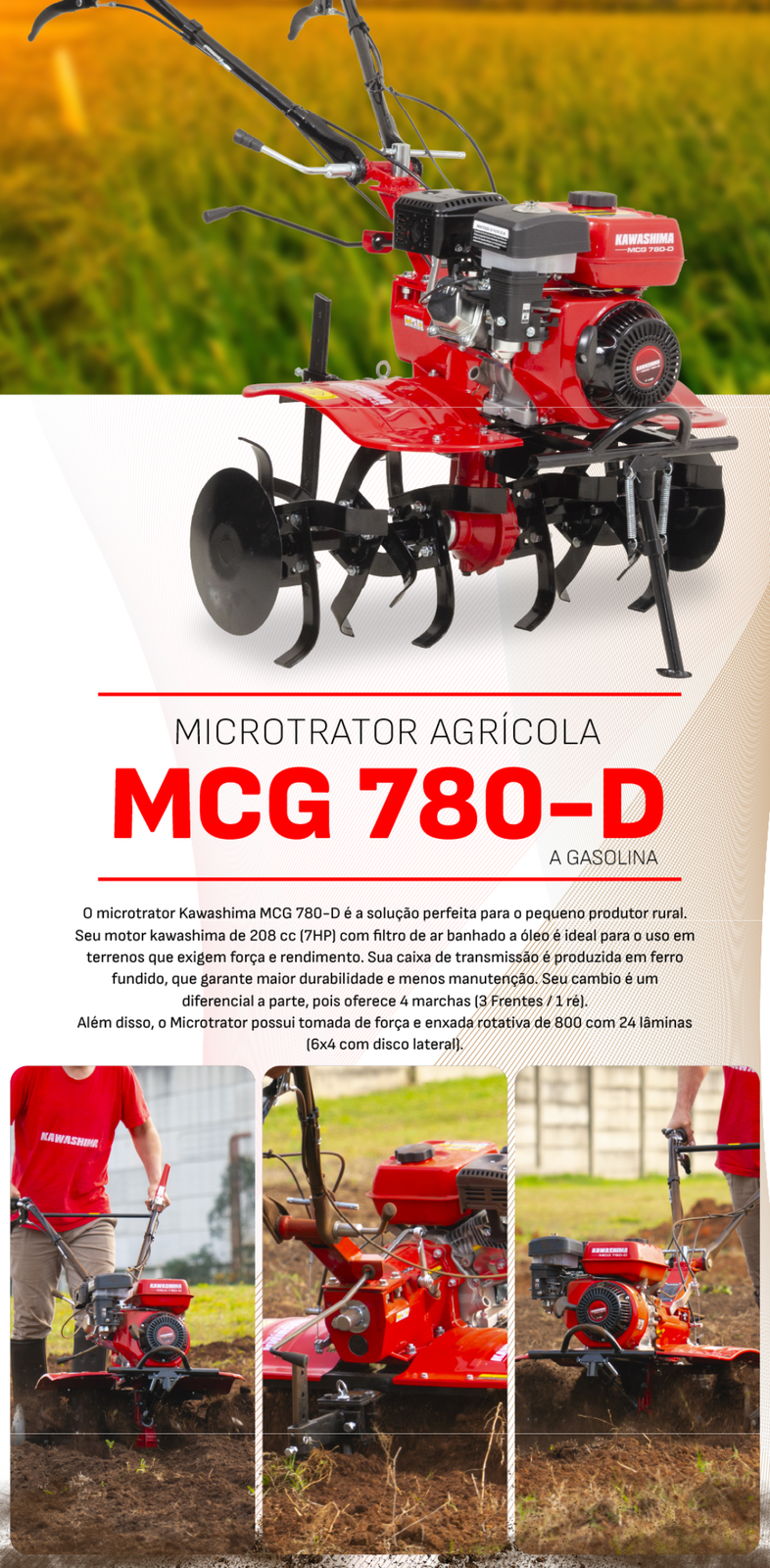 Microtrator Kawashima MCG 780-D Transmissão Direta 7HP - a partir