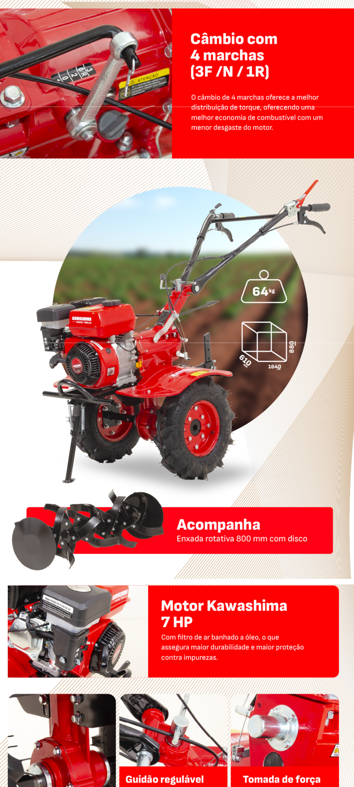 Microtrator Kawashima MCG 780-D Transmissão Direta 7HP - a partir