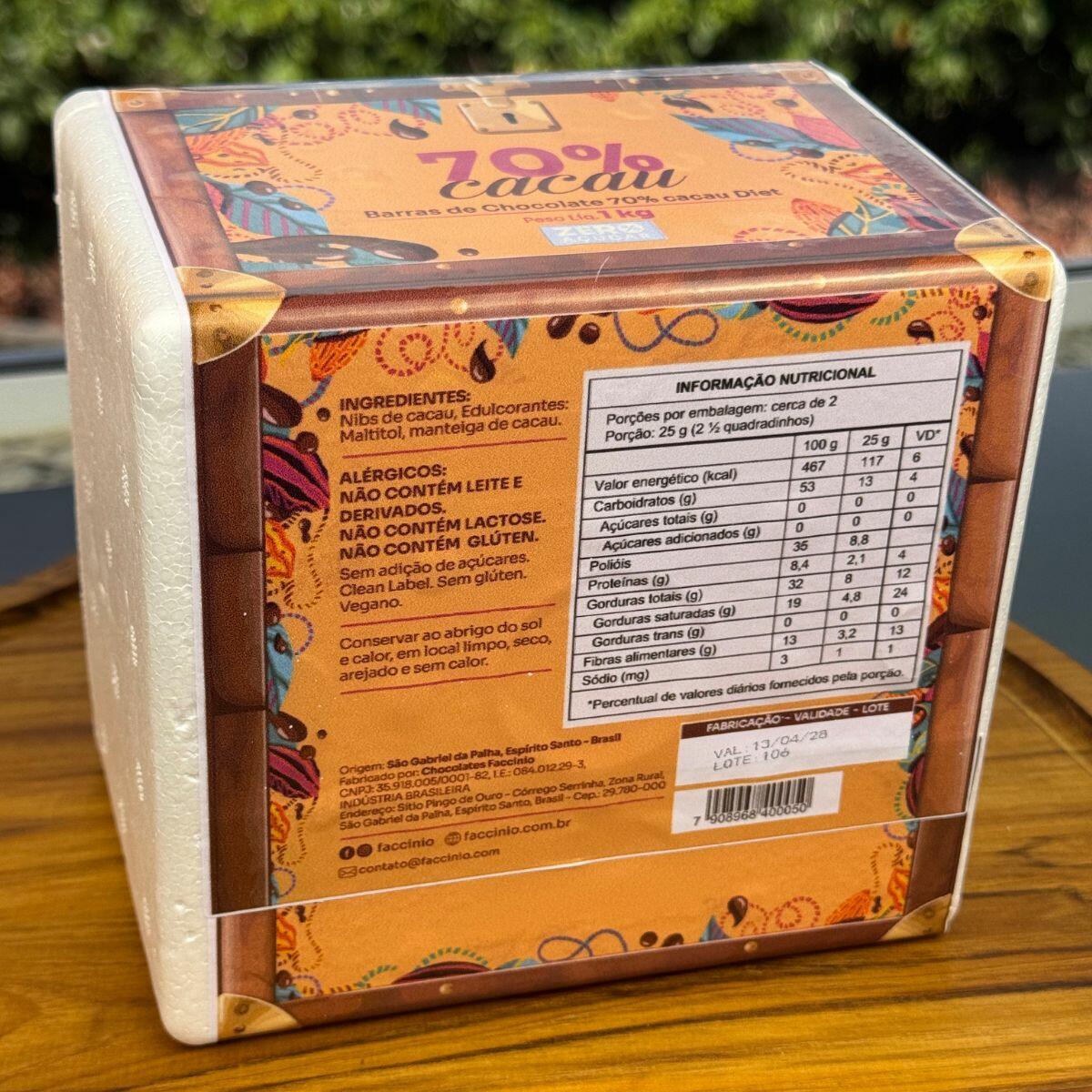 Comprar 1Kg de Chocolate 70% Artesanal Zero Açúcar Zero Lactose