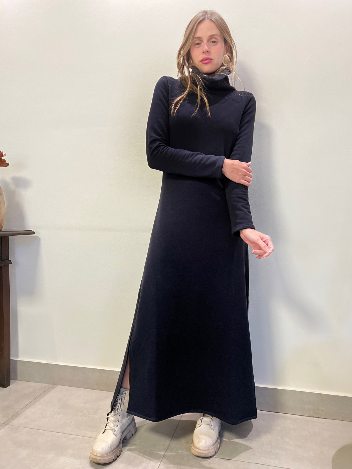 Gola Alta Moletom Vestido Feminino Vestido Feminino Midi Canelado