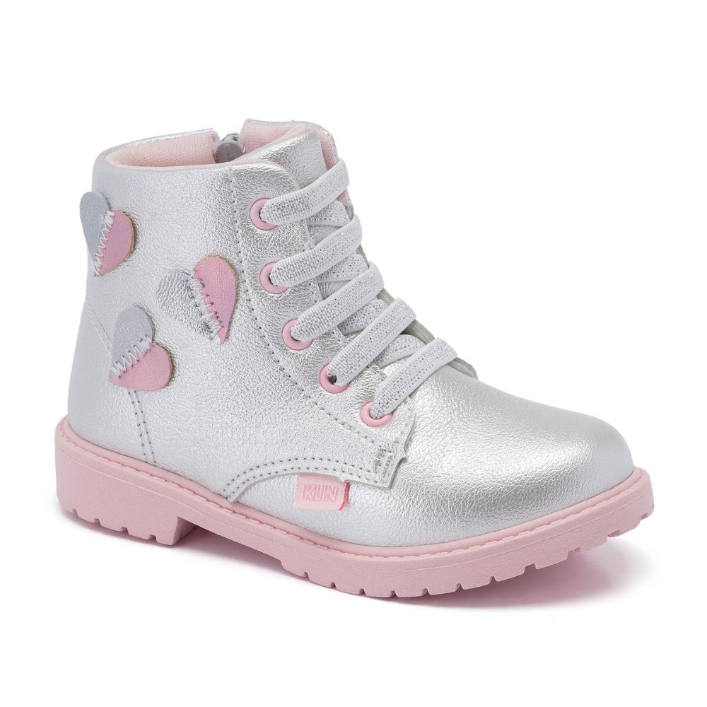 Bota Infantil Feminina Klin Rock Mini Prata e Rosa Corações
