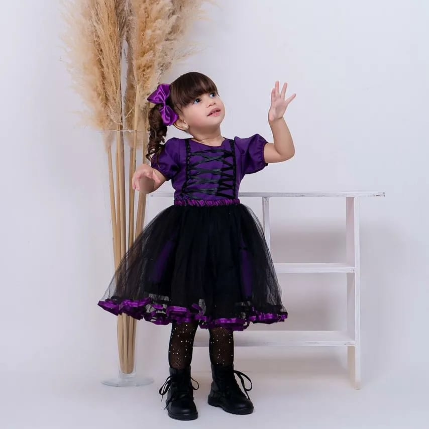 Fantasia Vestido Bruxa com Saia de Tule Halloween Infantil Feminino Festa  Único-1a2anos