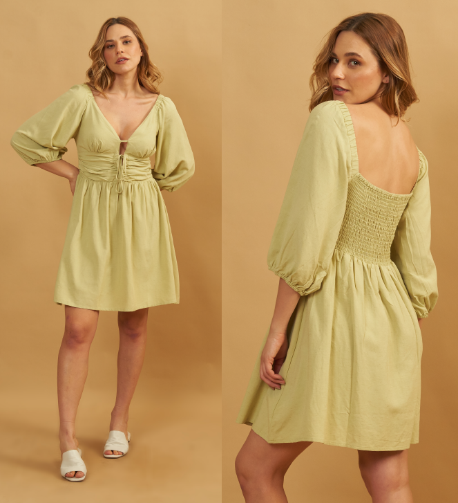 Vestido Curto Manga 3/4 com Detalhes e Amarração Pacific Blue