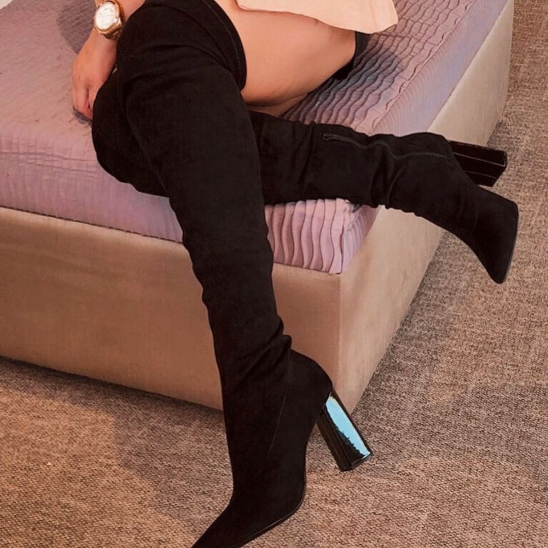 Femininas Cano The Knee Bota Rasteira Cano Alto Camurça Bota Cano