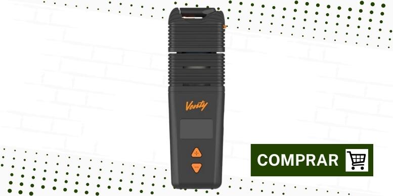 Venty da Storz & Bickel, o melhor vaporizador de ervas 2024 da nossa lista. De fato um vaporizador grande, com um anel laranja para ajustar o ar, botões na frente e um LED para analisar as funções.