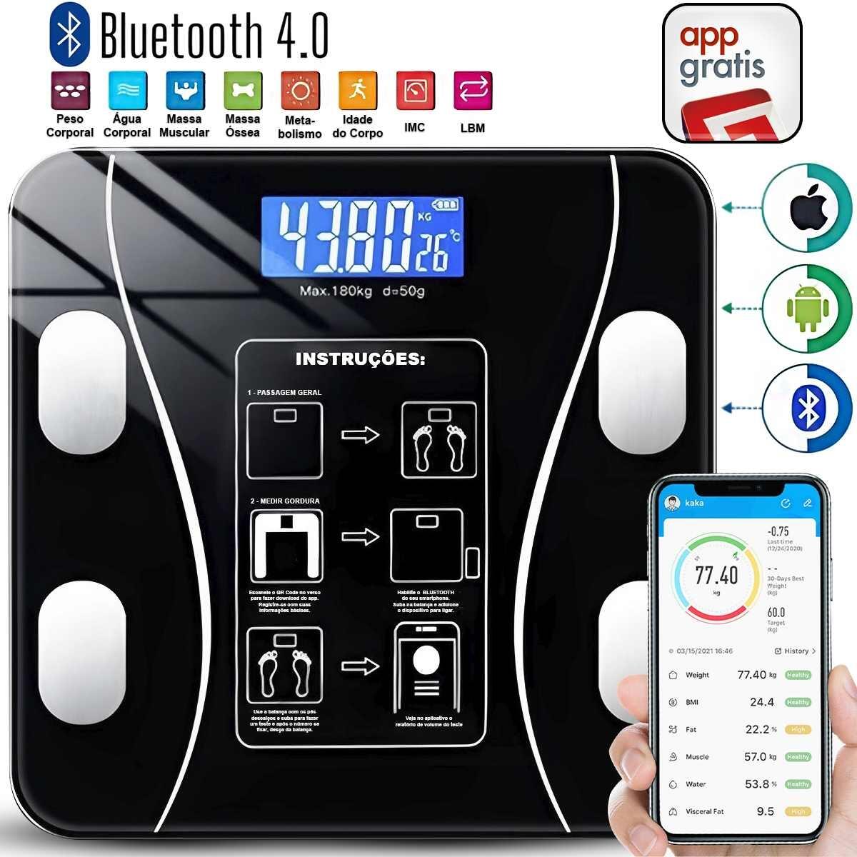 Balança Digital Bioimpedância Corporal Vidro Bluetooth