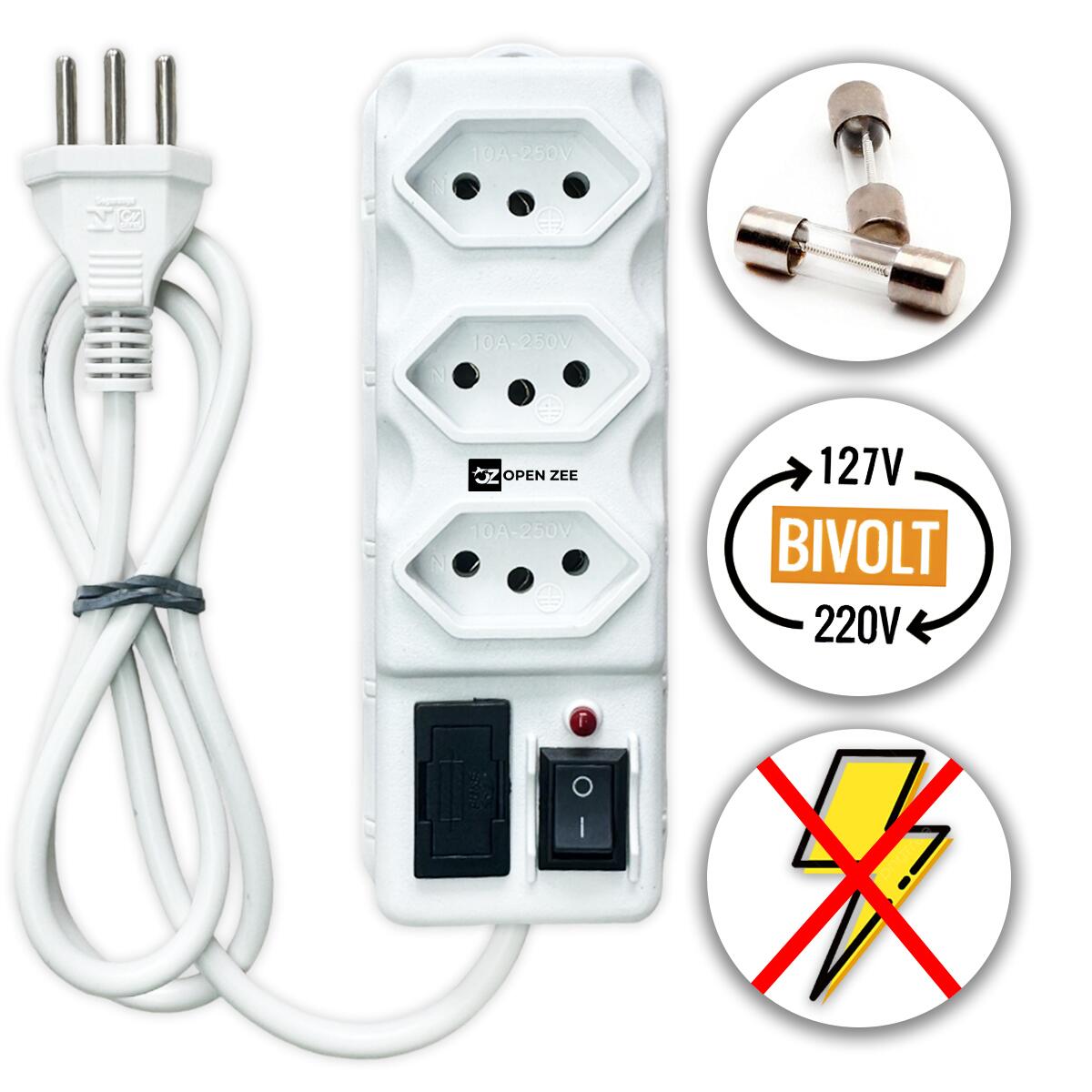 Filtro de Linha 3 Tomadas Com Fusível Régua Bivolt | OPEN ZEE
