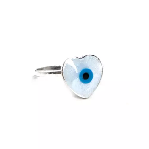 Anel Coração Madrepérola Com Olho Grego Azul Claro Prata 925