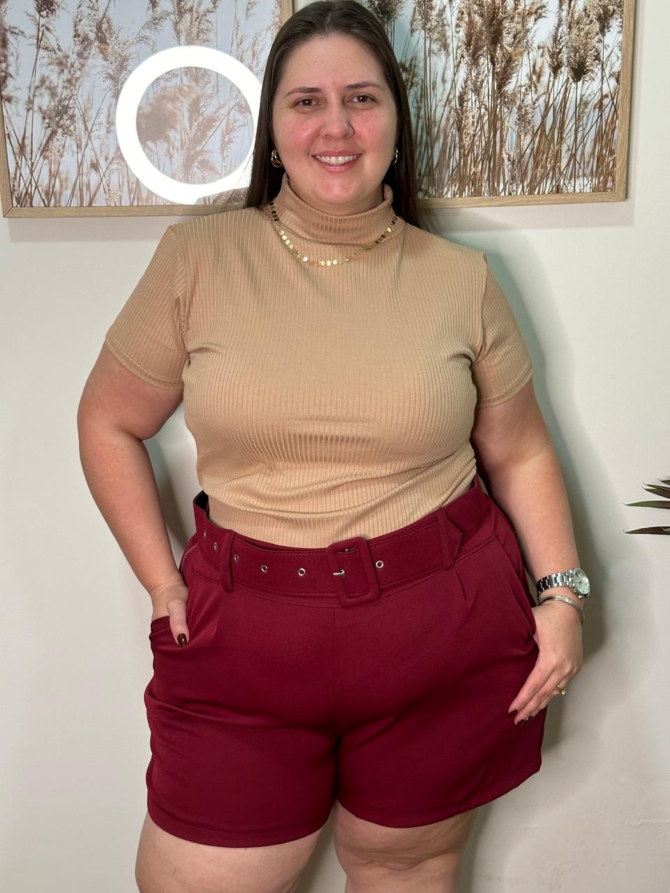 Com Cinto Short Plus Size Cintura Alta Short Alfaiataria Laura C