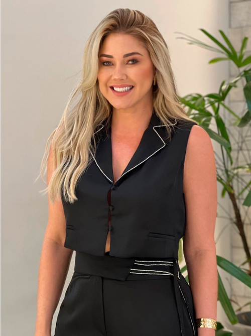 Colete Alfaiataria Preto Karmani Gola Bordado Strass Moda