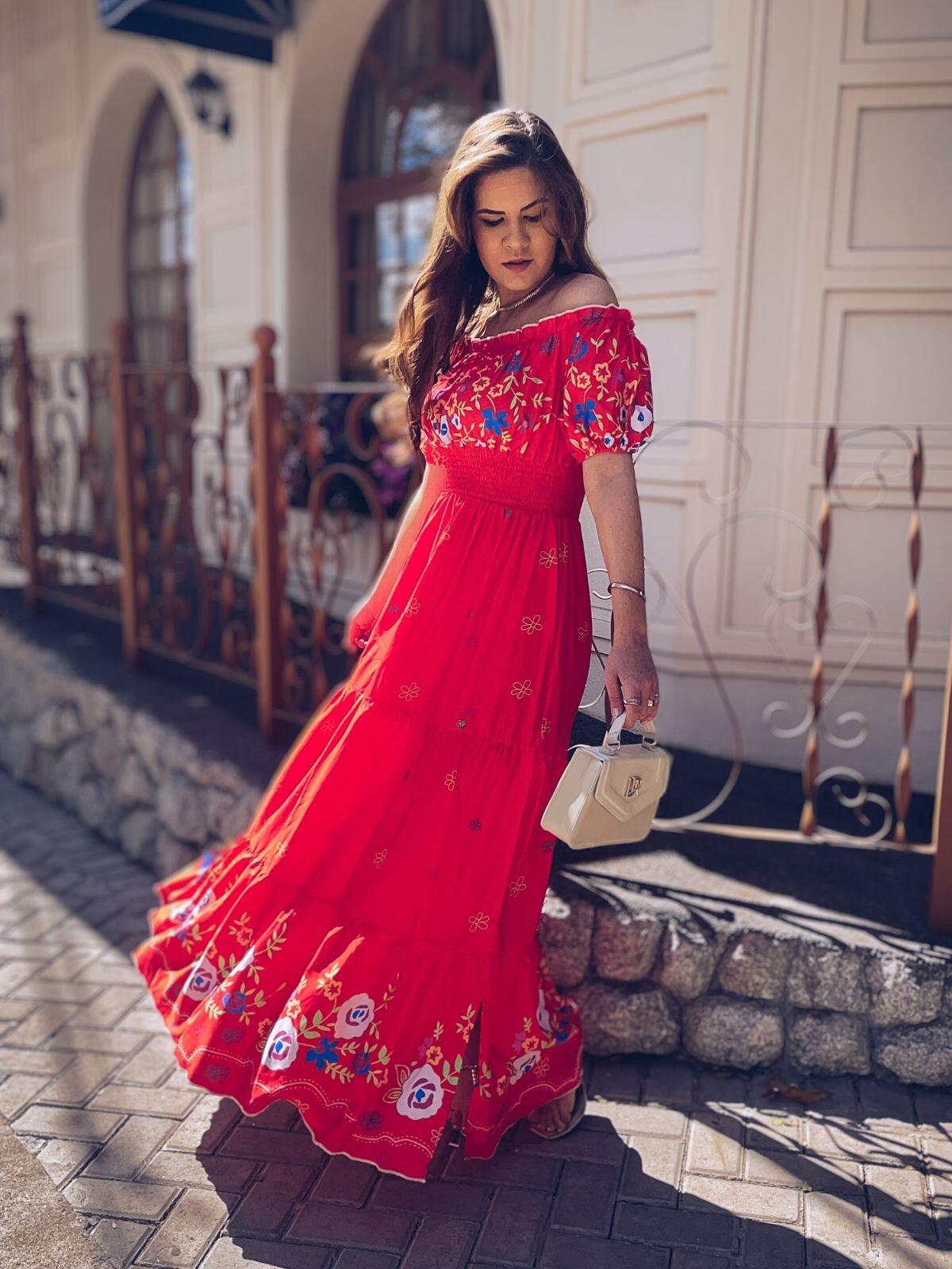 スーツ・フォーマル・ドレス Arobe  Flake Embroidery Tired Dress vestido longo laranja floral florido ombro a ombro lastex