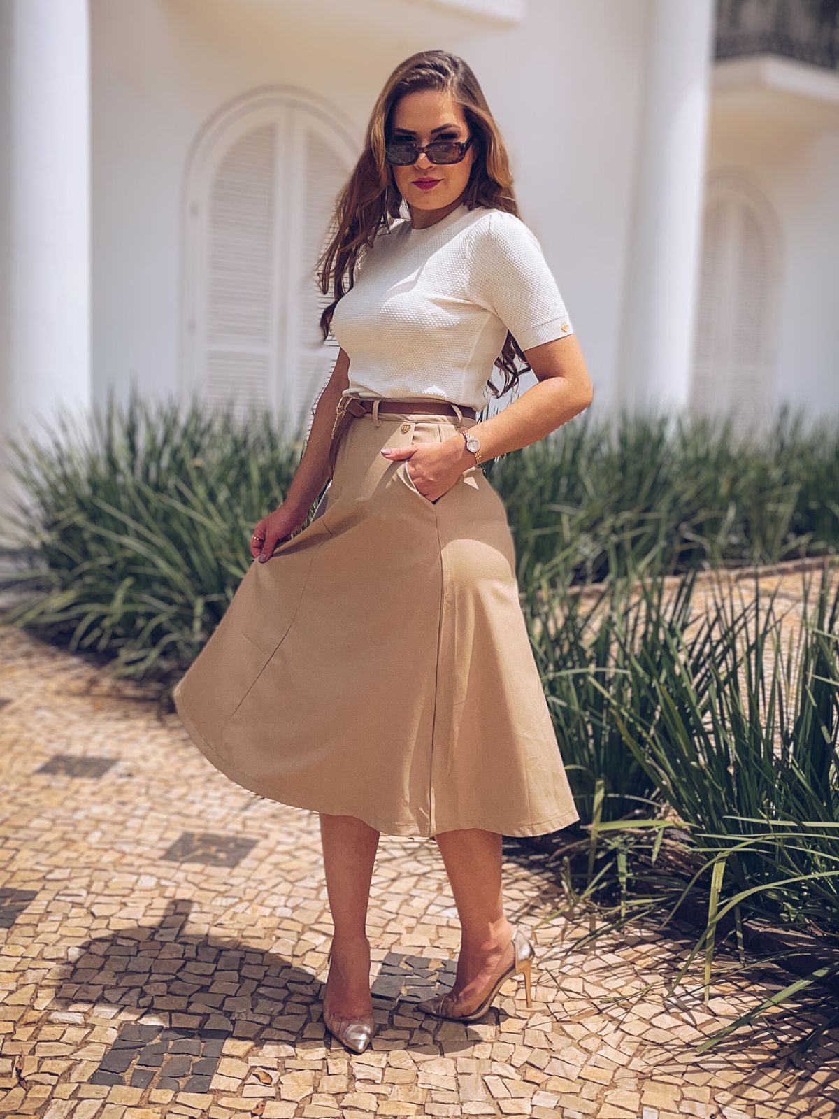 saia alfaiataria evasê evase marrom maxi midi cintura alta