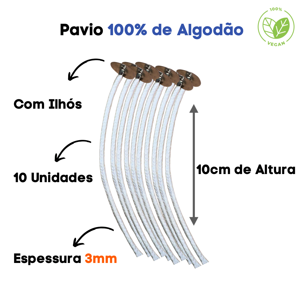 50 Ilhós + Pavios De Velas Pavio Algodão (10cm Médio 2mm)