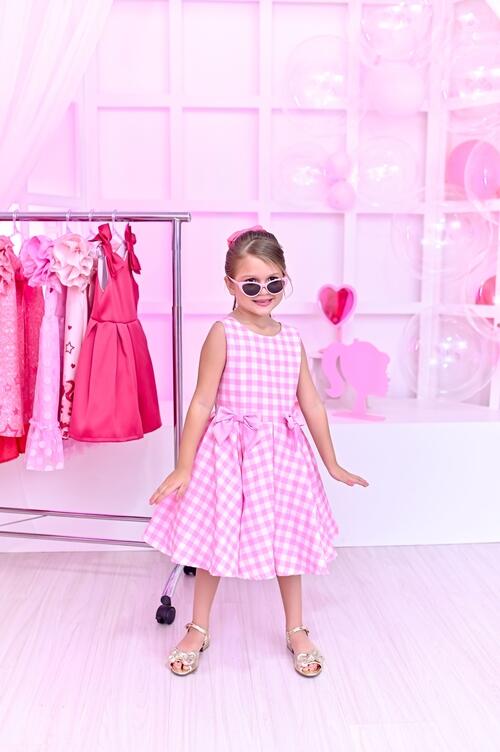 Vestido Rodado Barbie Xadrez Rosa