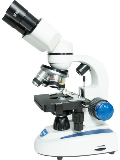 Microscópio Biológico Binocular com Revólver Quádruplo, aumento até 1600X e iluminação em LED