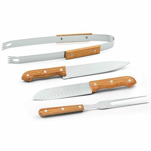 Jogo para Churrasco Tradicional Inox 4 peças Bambu TopGet