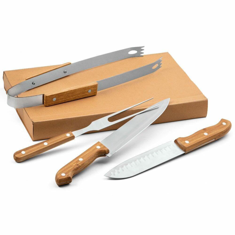 Jogo para Churrasco Tradicional Inox 4 peças Bambu TopGet