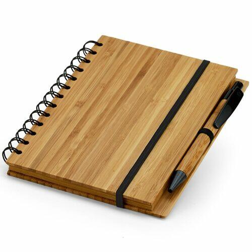 Caderneta Capa Bambu 13,5x18cm 70 Folhas Pautadas com Caneta de Bambu