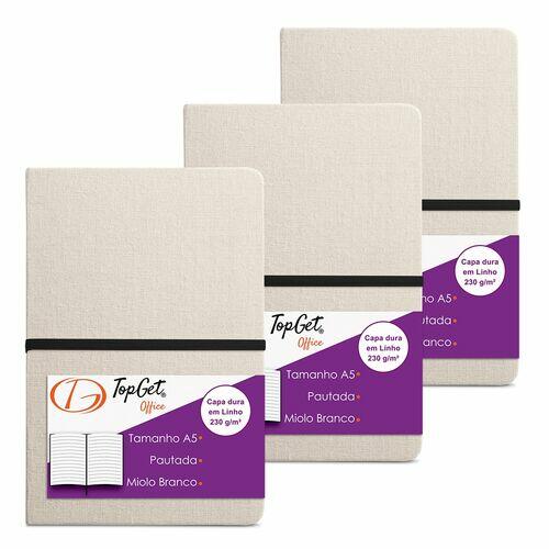 Kit 3x Caderneta Linen 14x21cm 96 Fls Pautadas Bege e Preto